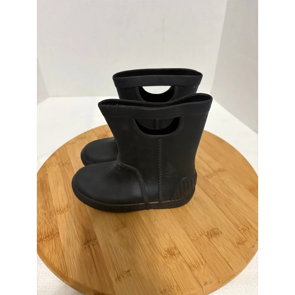 UGG Kids Drizlita Black Waterproof Rubber Rain Boots Cutout Handles Matte